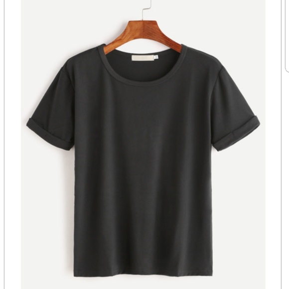 A.ROSE Tops - Black Rolled Sleeve Basic T-shirt